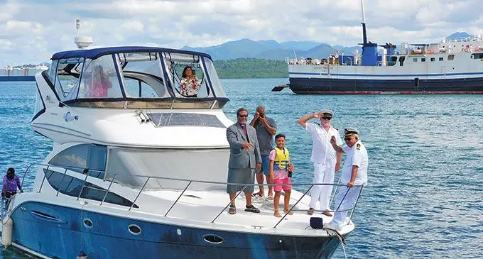 Commodore Spencer Ah Sam, Vice Commodore Patrick Todd with Reverend William Powell during the blessing of the twenty five boats at the Royal Suva Yacht Club on April 23, 2022. Photo: Royal Suva Yacht Club