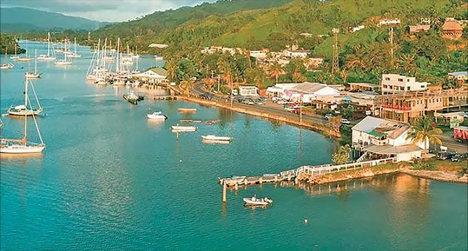 An aerial view of Savusavu Town, Vanua Levu.