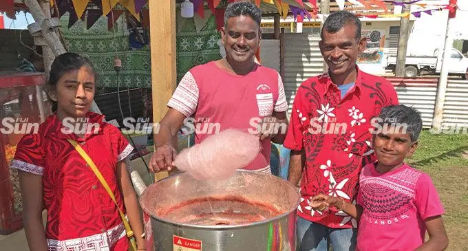From left: Rastika Narayan with her father Pranil Narayan, uncle Yeswan Sharma and brother Pranit Narayan during the opening of three days carnival to mark the 143rd Girmit Day at Subrail Park in Labasa on May 12, 2022. Photo: Shratika Naidu