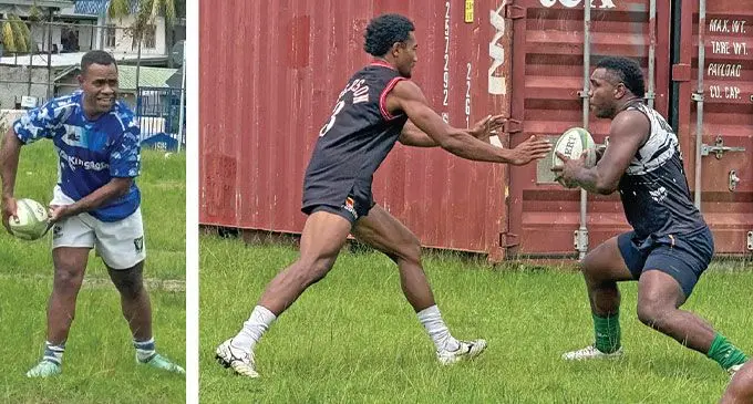 (From L-R) Livai Ikanikoda and  BLK Lavidi Brothers captain Sefanaia Vuli (with ball) during the team’s training session at the International School grounds in Suva on January 6, 2025. Photo: Sereana Salalo