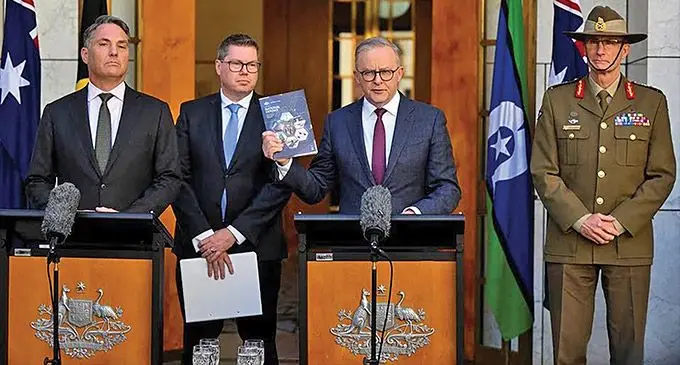 Australian Prime Minister Anthony Albanese, Australian Deputy Prime Minister Richard Marles, Australian Defence Industry Minister Pat Conroy and Chief of the Australian Defence Force (ADF) Angus Campbell speak to the media at a news conference after the release of the Defence Strategic Review at Parliament House in Canberra, Australia on April 24, 2023. Photo: Reuters