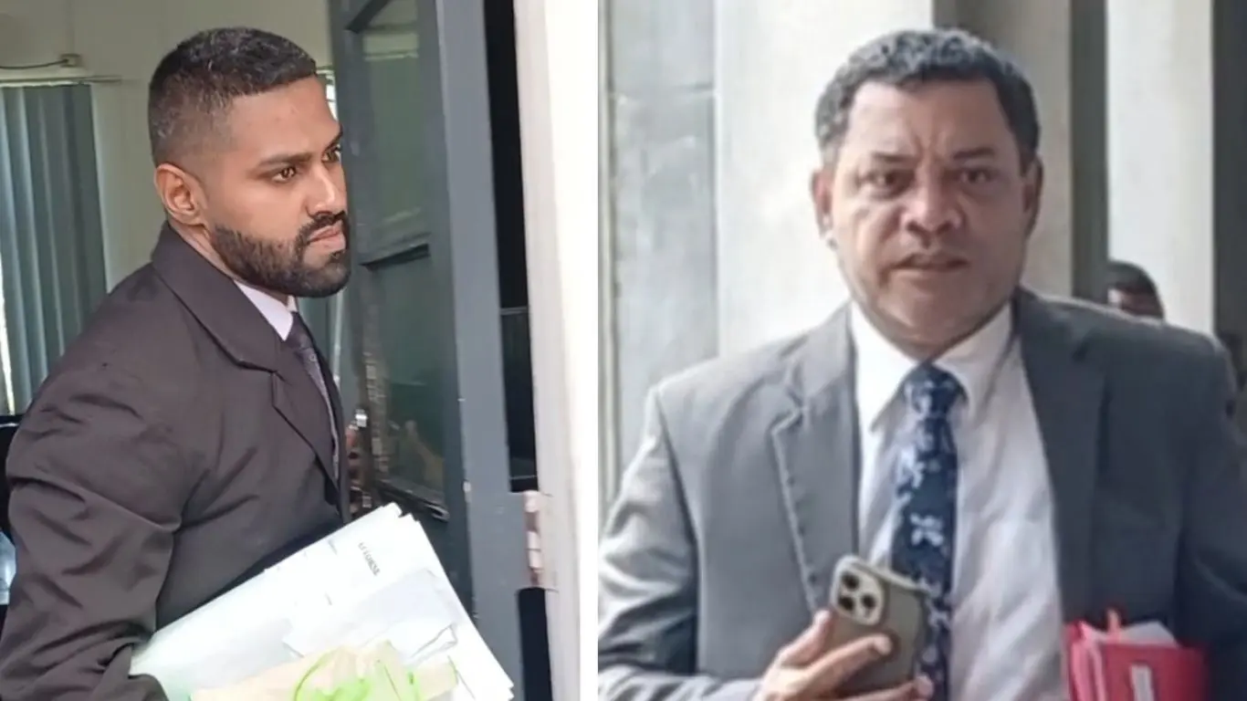 From left: Lawyer Taufik Ali and TNG lawyer Tomasi Tuitoga outside court in Suva on October 8, 2026.
