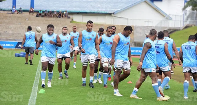 Suva rugby captain James Brown (third from left) leads the players during their warm-up session on September 12, 2020. Brown is expected to lead Suva in today’s clash against Yasawa at Churchill Park, Lautoka. Photo: Ronald Kumar
