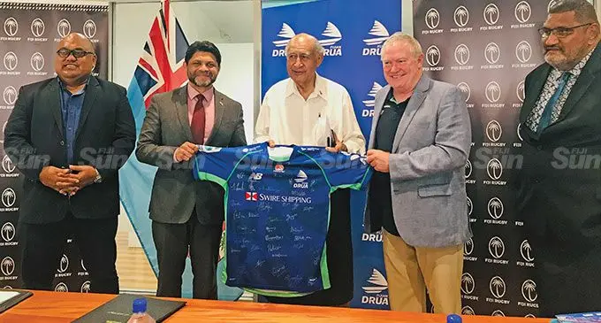 From left: Fiji Rugby Union chairman Commodore Humphrey Tawake, Attorney General Aiyaz Sayed-Khaiyum, Speaker of Parliamment Ratu Epeli Nailatikau, Fijan Drua outgoing chief executive officer Brian Thorburn and FRU CEO on voluntary leave John O’Connor during the signing of the Drua shares at Ro lalabalavu House on August 31, 2022. Photo: Laisa Lui.