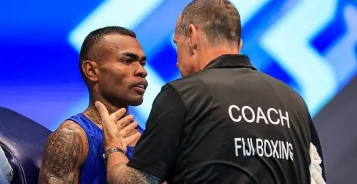 Fiji's Jone Davule Koroilagilagi gets instruction from head trainer Cam Todd during his 57-60kg category fight against Zimbabwe's Luckmore Kamoto during the 2023 Men's World Boxing Championship in Tashkent, Uzbekistan on May 3, 2023. Koroilagilagi won on unanimous points decision (5-0). Photo: IABA