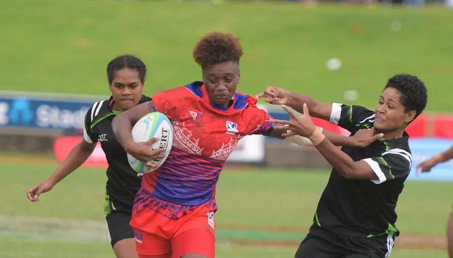 Merewalesi Rokovono of Marist Seahawks push off Hope defender during 43rd Fiji Bitter Marist 7s at ANZ Stadium on March 22, 2019. Photo: Ronald Kumar.