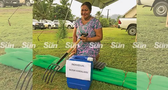 Rosia Karalaini displays her nursery kit received from the Ministry of Agriculture in Namoli Village, Labasa on May 25, 2022. Photo: Shratika Naidu