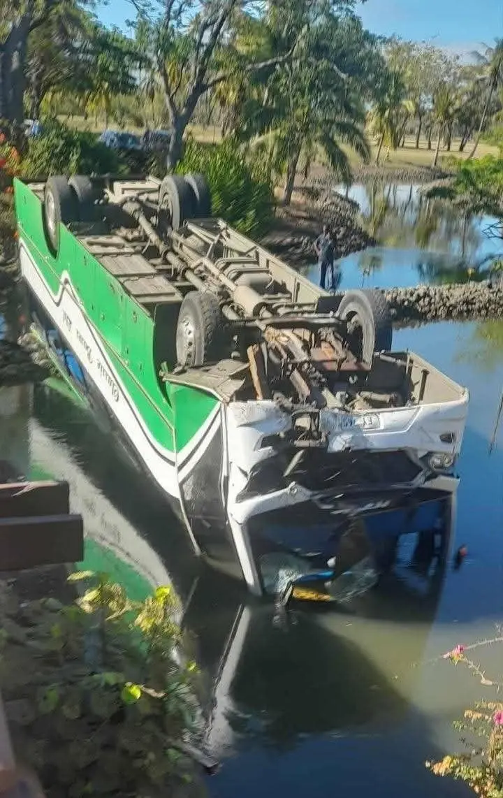 Fifty passengers were injured this morning when a staff service bus veered off a bridge and overturned into a swamp in Denarau, Nadi.