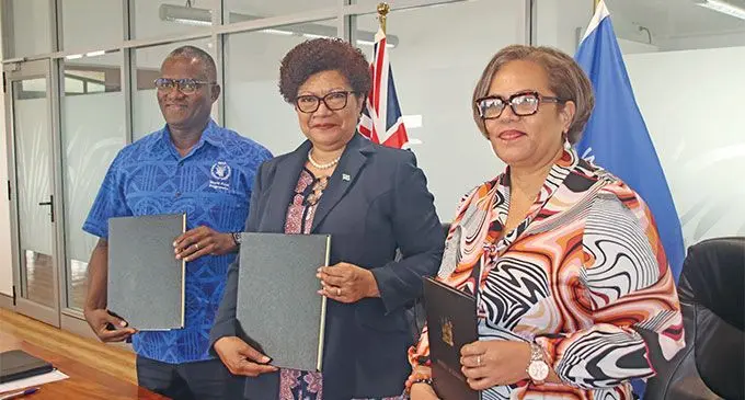 UN World Food Programme country director Alpha Bah (left), with Permanent Secretary for Women, Children and Social Protection Eseta Nadakuitavuki, and Acting Head of Budget for Ministry of Finance Kelera Ravono.