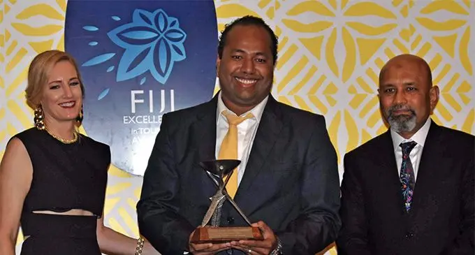 Akuila Batiweti with his award during the 2018 ANZ FETA at the Sofitel Fiji Resort and Spa on Denarau on February 16, 2019. Photo: Waisea Nasokia   
