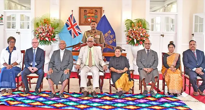 Newly-appointed Commissioners of the Fiji Truth and Reconciliation Commission after the swearing-in ceremony at the State House. From left: Ana Laqeretabua, Marcus Brand (chairperson), Prime Minister Sitiveni Rabuka, President Ratu Naiqama Lalabalavu, First Lady Emily Lalabalavu, Sekove Naqiolevu, Rachna Nath and Rajendra Dass. Photo: DEPTFO News