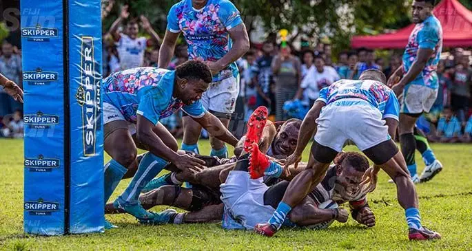 Rewa centre Taito Rauluni scores their first try against Rami Sami Suva side at Burebasaga ground in Rewa on April 17, 2021. Rewa lost 24-17. Photo: Leon Lord
