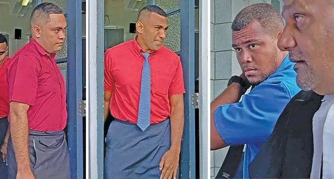 From left: Joshua Bull, Maciu Vakatuturaga and Isireli Raseisei at the High Court in Suva.