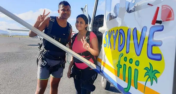 From left: Tandum instructor Sebastian Aresca, Anisa Bourkerehe, Thomas Belibio and instructor Calder Chernoff ready for another sky divng flight in Suva.