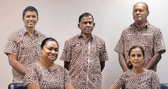 Fiji National Provident Fund board members, Front seated from left: Permanent Secretary for Economy Makereta Konrote and Board Member and Head of Administration & Finance for GIZ Kalpana Lal. Standing from left: FNPF board member and Fiji Competition and Consumer Commission chief executive Joel Abraham, Board chairman, Ajith Kodagoda and Deputy chairman and iTaukei Land Trust Board chief executive officer Tevita Kuruvakadua. Photo: Fiji National Provident Fund