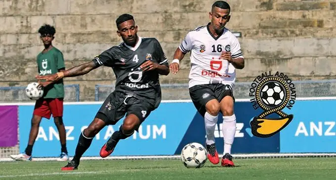 Suva’s Shahil Dave (righ) tries to escape from Ba’s Shameel Rao during their match at ANZ Stadium on October 24, 2021. Photo: Fiji FA Media