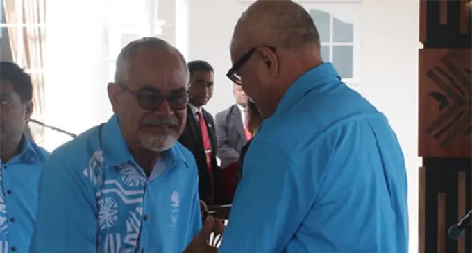 Chef de mission Patrick Bower(left) with President Major-General (Ret’d) Jioji Konrote at the State House on June 27,2019. Photo: Simione Haravanua