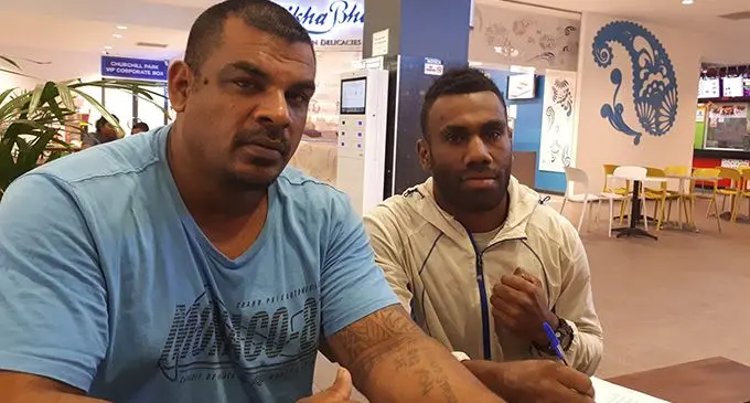 Promoter South Pacific Boxing Promotions promoter Fredy Chand (left) with Malakai Marama who is fighting for the Fiji welterweight title. Photo: SPBP