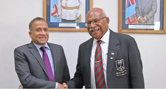 UN Resident Co-ordinator to Fiji, Solomon Islands, Tonga, Tuvalu and Vanuatu, Sanaka Samarasinha with Prime Minister Sitiveni Rabuka in Suva on January 27, 2023. Photo: UN Office 