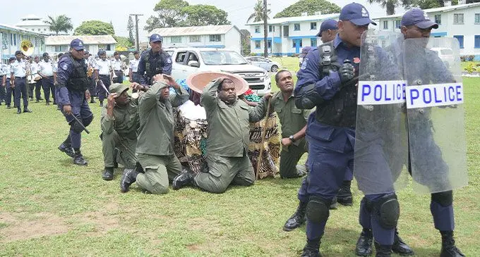 Members of the Fiji Police Force doing a short skit during the launch of the Vodafone Ratu Sukuna Bowl competition at Nasova, Suva, on November 3, 2023. Photo: Ronald Kumar