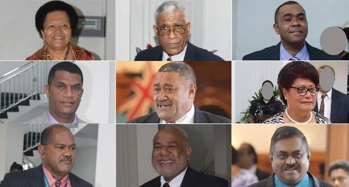 Top L-R: Adi Litia Qionibaravi, Ratu Naiqama Lalabalavu, Mosese Bulitavu. Middle L-R: Aseri Radrodro, Ratu Suliano Matanitobua, Salote Radrodro. Bottom L-R: Peceli Vosanibola,  Simione Rasova,  Vijendra Prakash