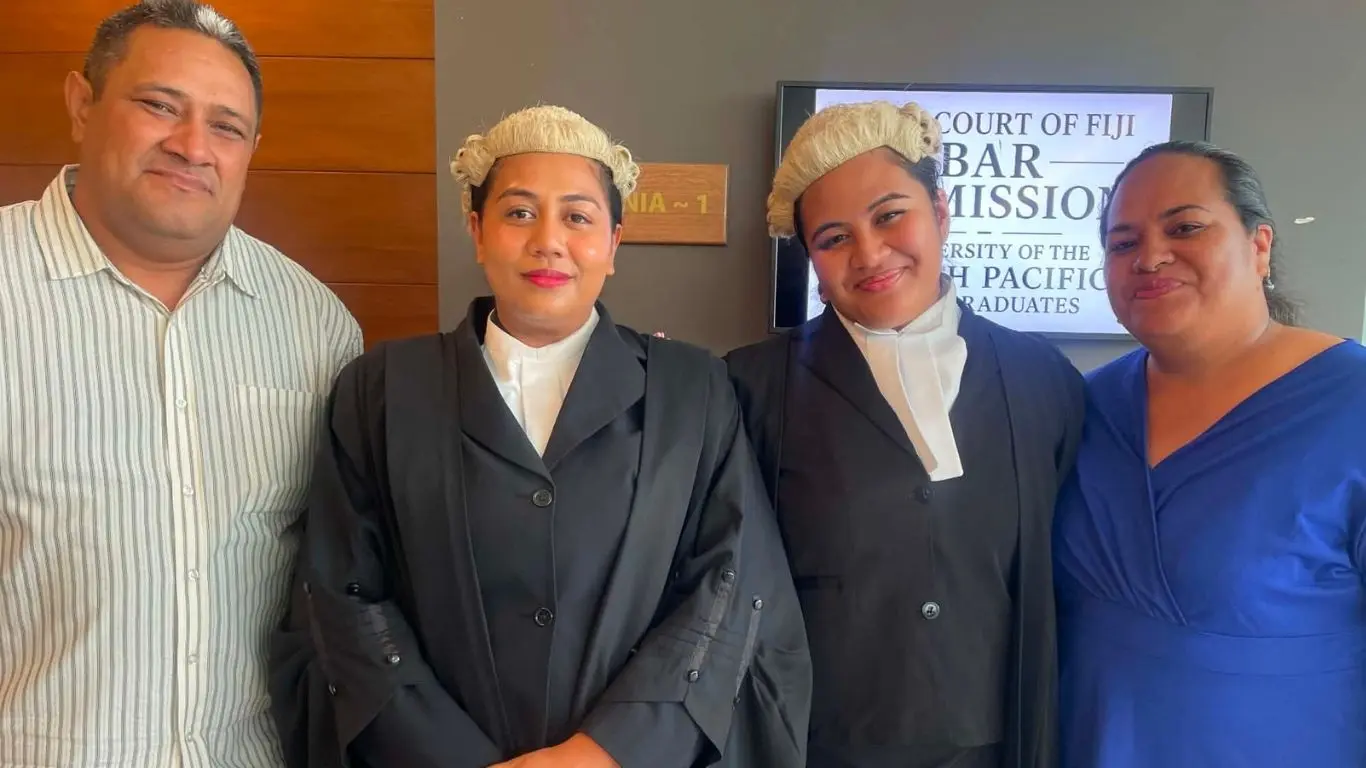 From left: graduate’s father, Rupeni Fonmanu; her cousin and senior lawyer, Shirley Tivao; graduate Glovini Hatamari Thibon; and her mother during the admission to the Bar ceremony on August 21, 2026.
