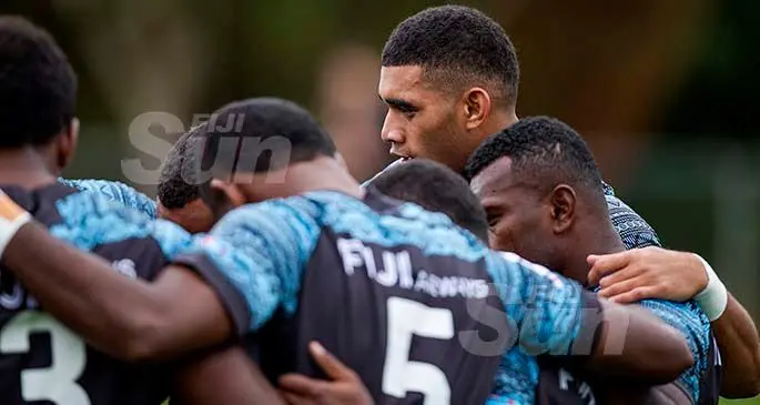 Fiji Airways Fijian 7s co captain Meli Derenalagi (right) talks to his team-mates after their training run at the Fraser Tech Rugby Club in Hamilton, New Zealand on January 22, 2020. Photo: Bruce Southwick/ Zoom Fiji