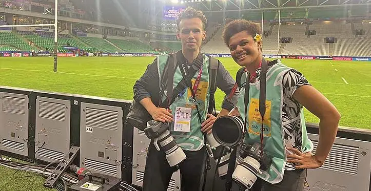Aston Brown (Australia) and Fiji Sun sports journalist Sereana Salalo covering the Flying Fijians and Australia match at the Rugby World Cup, at the Stade Geoffroy Guichard in Saint-Étienne, France