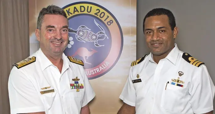 Commander Australian Fleet, Rear Admiral Jonathan Mead, AM, RAN, welcomes Commander Ledua Yaco, of the Fijian Navy.