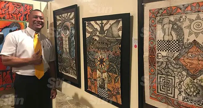 Fiji Corrections Service inmate Pauliasi Delaibatiki with his art pieces at the Fiji Corrections Service’s art exhibition at the Grand Pacific Hotel in Suva on April 8, 2021. Photo: Kelera Sovasiga
