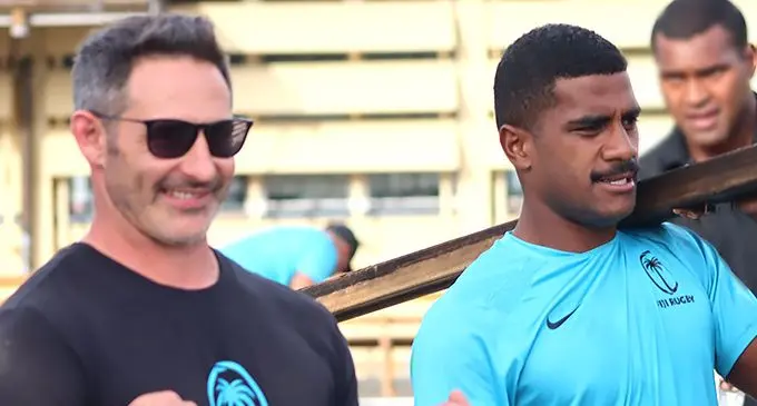 From left: Fiji Airways Fijian 7s head coach Ben Gollings and Filipo Bukayaro during their community outreach at Sigatoka Hospital on May 12, 2022. Photo: FRU Media