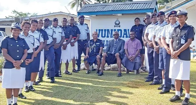 Minister for Home Affairs Pio Tikoduadua, Acting Commissioner of Police Juki Fong Chew and Natasiri Provincial Council administrator Koroka Kabakoro with Vunidawa Police Station officers at the Station ground in Natasiri on February 28, 2023. Photo: Ashna Kumar