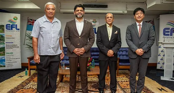 From left: Energy Fiji Limited (EFL) Director Gardiner Whiteside, Attorney-General and Minister for Economy Aiyaz Sayed-Khaiyum, EFL Chief Executive Officer Hasmukh Patel and EFL Deputy Chief Executive Officer Chitoshi Fukuda during the EFL’s performance management announcement in Suva on June 20, 2022. Photo: Leon Lord