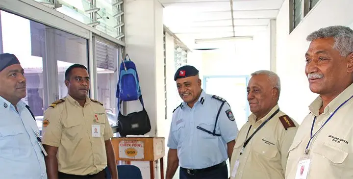Senior Superintendent of Police (SSP) Filipe Jitoko (third from left), during a visit with security officers at the CWM Hospital in Suva. Photo: Police Media Cell