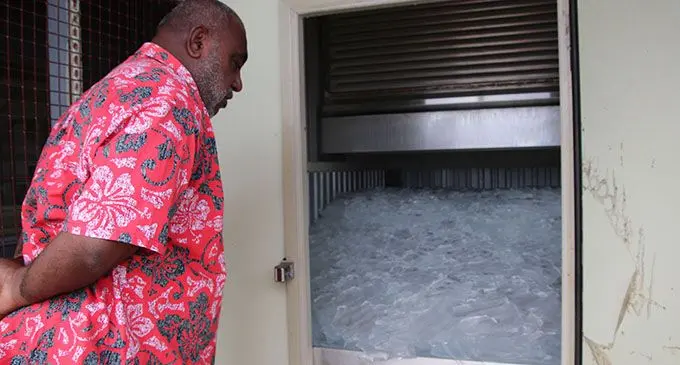 Minister for Fisheries Semi Koroilavesau looking at the ice plant when he visited the Fisheries Station at Wainikoro, in the Macuata Province on May 6,2019.  Photo: Ministry of Fisheries