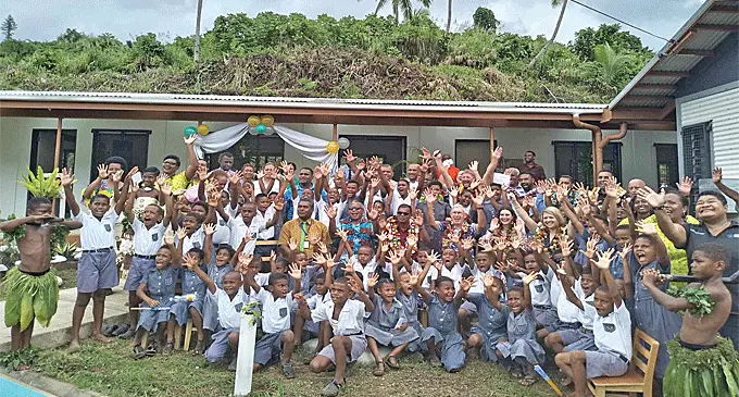 High Commissioner of Australia to Fiji Ewen McDonald, Assistant Minister for Education Iliesa Vanawalu, Deputy Prime Minister and Minister for Finance Biman Prasad with students of Nukubolu Primary School on February 21, 2024. Photo: Jone Salusalu