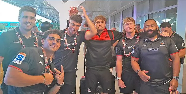 Crusaders players arrive in Fiji ahead of their Super Rugby Pacific match against Fijian Drua at the HFC Bank Stadium, Suva, tomorrow. Photos: Waisea Nasokia