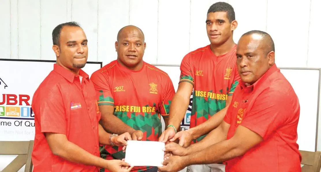 From left: Subrails managing director, Shiva Gounder, RFMF captain, Sireli Ledua, Meli Derenalagi and Commanding Officer 3FIR Lieutenant-Colonel Aseri Rokoura during the sponsorhip handover in Suva on December 7, 2020. Photo: RFMF Media