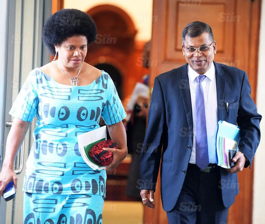 Opposition Member of Parliament Lenora Qereqeretabua and Biman Prasad outside Parliament session on March 26, 2021. Photo: Ronald Kumar.