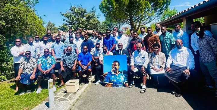 Fijian rugby players with the late Josaia Raisuqe’s parents following the church service in Castres, France on May 18, 2025. Photo: Supplied