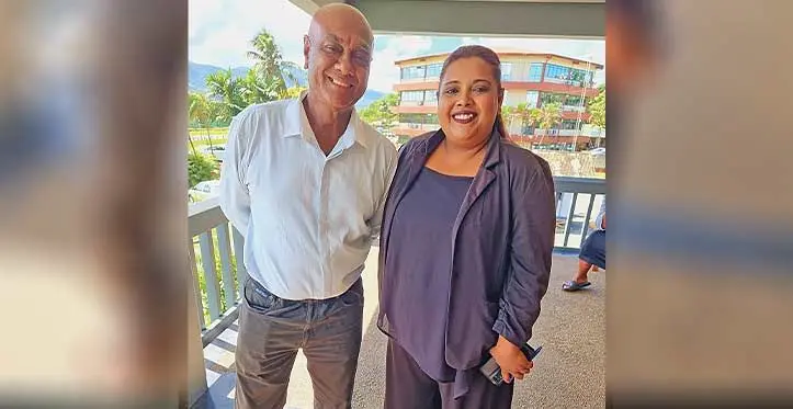 Yankates Reddy and lawyer, Angeline Sumer of Gibson and Company outside the Magistrates Court in Labasa on April 24, 2023. Photo: Sampras Anand