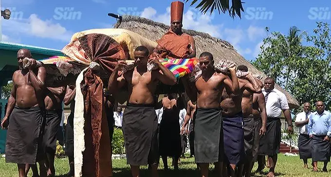 Pall-bearers carry the casket of the late Tui Nawaka Ratu Asaeli Driu Naevo in Nadi on December 22, 2021. Photo: Waisea Nasokia
