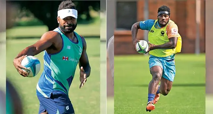 Left: Swire Shipping Fijian Drua top try scorer Onisi Ratave to start today. Photo: Fijian Drua  Right: Fiji-born Moana Pasifika winger Timoci Tavatavanawai during training. Photo: Moana Pasifika