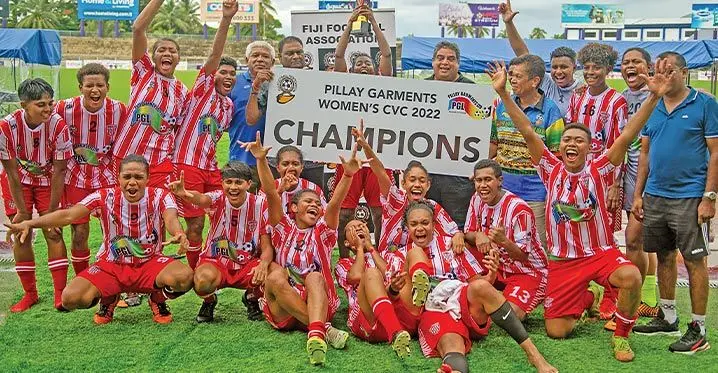 Labasa women’s football players, officials and Fiji Football Association president Rajesh Patel celebrate winning the Pillay Garment’s Champion versus Champion title at the HFC Banks Stadium, Suva, on February 12, 2023. Photo: Leon Lord