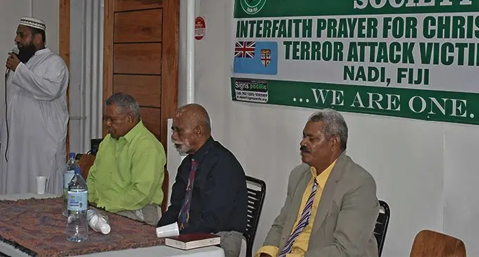Mufti Zainul Abidean, with Tui Nadi Ratu Vuniyani Navuniuci, and Methodist church of Fiji (Nasareci) Reverend Tomasi Daunakamakama at the Interfaith prayer at the Nadi Airport mosque in Namaka on Monday. Photo: WAISEA NASOKIA