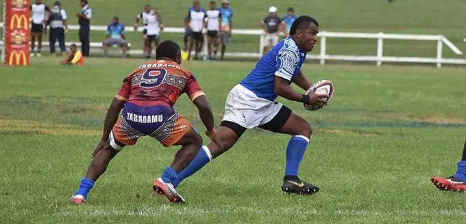 Kitione Taliga (with ball) in action for Police against Tabadamu in the Cup semi-final of the McDonald’s Fiji Coral Coast 7s in Lawaqa Park, Sigatoka on January 18, 2020. Photo: Waisea Nasokia