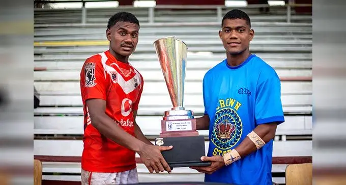 Ba Provincial Freebird Institute Dragons captain Mikaele Raivolita (l) with his counterpart QVS Knights faceoff as they prepare for the finals of the Vodafone Fiji Secondary Schools Rugby League at Ratu Cakobau park on July 2, 2022. Photo- Leon Lord