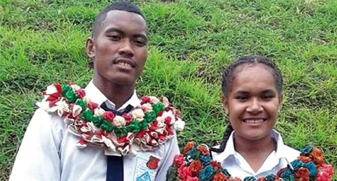 Bucalevu Secondary School head boy Poama Mitchell and head girl Lynett Stolz after the prefect induction on Taveuni Island. 