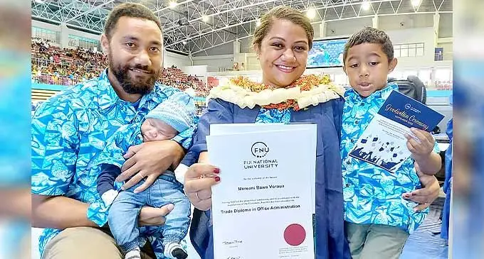 Mereani Bawa with husband Tomasi Mara and children, Blessing and Joseph Mara following her Fiji National University Graduation on September 29, 2022. Photo: Ronald Kumar