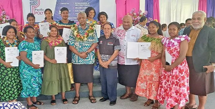 Minister for Defence and Veteran Affairs Pio Tikoduadua with the graduates during the Pacific Polytech graduation on April 4, 2025. Photo: Shratika Naidu